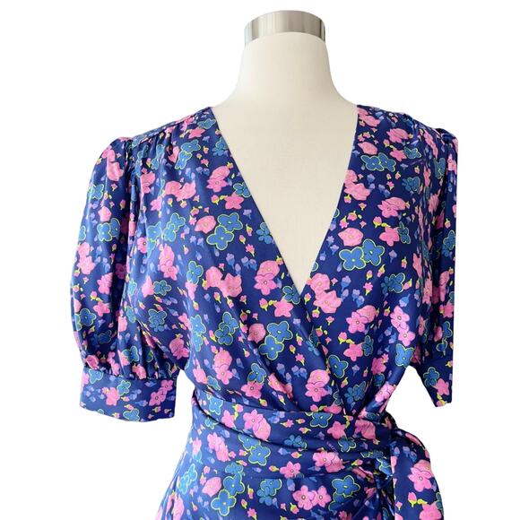 MARC JACOBS Silk Wrap Dress Half Puff Sleeves Belted Floral Blue Pink V-Neck 6 - Picture 6 of 10